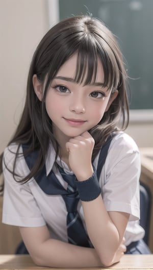 1 kid girl, school uniform, pouting, smile, hyper-realistic