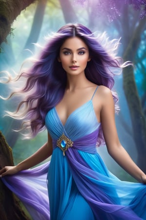 
A young woman with mesmerizing, long swirling hair, her beauty illuminated by soft, ethereal light. She stands confidently, surrounded by a mystical environment of wispy clouds and ancient trees, her eyes gleaming with an otherworldly allure. Airbrushed hues of blue and purple dance across her hair, blending seamlessly into the misty background.