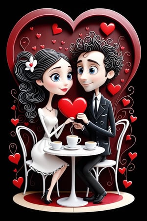 hand drawing cartoon style 2d stick figure of a loving couple in a cafe, hearts, very detailed, high quality, Tim Burton