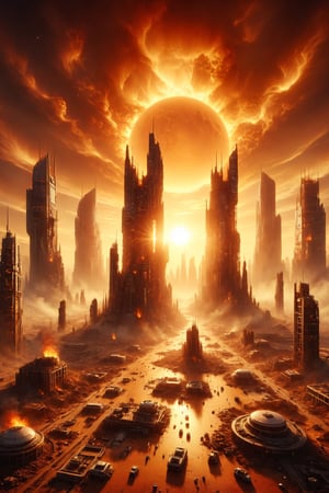 Create a giant architectural complex on the sun, composed of flame-shaped towers rising from its surface into space. Each tower houses research laboratories and observation platforms, providing scientists with an unparalleled view of the sun and its phenomena. Use a palette of warm colors and organic shapes to capture the strength and energy of the sun in this fiery megastructure.