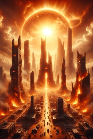 Create a giant architectural complex on the sun, composed of flame-shaped towers rising from its surface into space. Each tower houses research laboratories and observation platforms, providing scientists with an unparalleled view of the sun and its phenomena. Use a palette of warm colors and organic shapes to capture the strength and energy of the sun in this fiery megastructure.