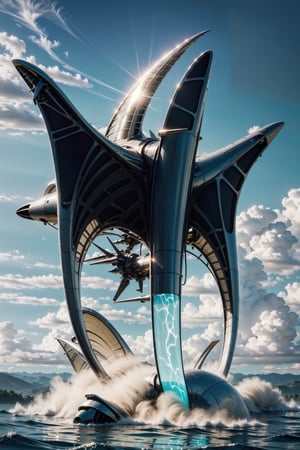 Photorealistic render in high definition of a luxury mega jet airplane on the sky, caotic scene air dragon luxury, sky, with wings on both sides and in the middle of the design, gold, white, black, turquoise, surreal concept on a private beach, very sculptural and with fluid and organic shapes, with symmetrical curves in shape of dragon wings inspired by Zaha Hadid's style, gold, with black and white details. building inside the jet and a rocket, The design is inspired by the main stage of Tomorrowland 2022, with ultra-realistic Art Deco details and a high level of image complexity.