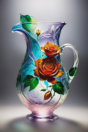 A sculpted glass pitcher with a relief design of roses wrapping around the body of the vessel, featuring detailed petals and leaves intertwined in an elegant and ethereal composition.