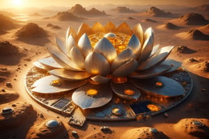 Create a giant solar observatory on the surface of the sun, equipped with advanced telescopes and solar sensors to study its activity in detail. The observatory's structure resembles an open lotus flower, with petals unfurling to harness solar energy. Use reflective materials and cutting-edge technology to create an impressive scientific facility that pushes the boundaries of solar exploration.
