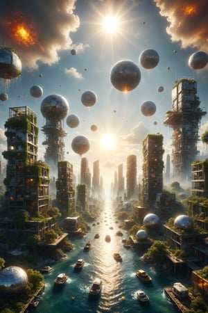 Create a floating city above the atmosphere of the sun, built with materials resistant to heat and solar radiation. This city is home to a diverse population of scientists, explorers, and artists who collaborate on innovative projects harnessing solar energy. Use modular designs and organic shapes to represent the adaptability and sustainability of this ever-evolving solar community.