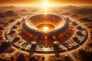 Design a futuristic megastructure on the surface of the sun, formed by concentric rings rising from its core to the corona. Each ring houses solar observatories and research stations, providing scientists with a platform to study extreme solar phenomena. Use gleaming materials and cutting-edge architecture to capture the magnificence and innovation of this solar mega construction.