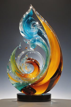 themed sculpture in blown glass, beautiful sculptural spiral composition, with glass crystal, with fluid shapes, sculptural parametrics