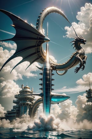 Photorealistic render in high definition of a luxury mega jet airplane on the sky, caotic scene air dragon luxury, sky, with wings on both sides and in the middle of the design, gold, white, black, turquoise, surreal concept on a private beach, very sculptural and with fluid and organic shapes, with symmetrical curves in shape of dragon wings inspired by Zaha Hadid's style, gold, with black and white details. building inside the jet and a rocket, The design is inspired by the main stage of Tomorrowland 2022, with ultra-realistic Art Deco details and a high level of image complexity.