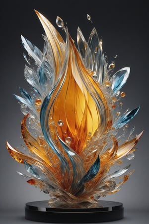 (best quality, highres, ultra high resolution, masterpiece, realistic, extremely photograph, detailed photo, 8K wallpaper, intricate detail, film grains) Photorealistic render in high definition of a majestic,,themed sculpture in blown glass, beautiful sculptural composition, with glass crystal, with fluid shapes, sculptural parametrics, and a detailed explosion of the scenery, with fabrics, full of elegant mystery, symmetrical details , geometric and parametric, Technical design, Ultra intricate details, Ornate details