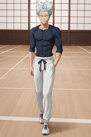 Very detailed. High Quality, Masterpiece, beautiful, (medium long shot), 1man, Garou, from one punch man, standing with his hands in his pockets, (White hair, arrow-shaped and pointed, with a messy style, Face, expressive and with defined features, Eyes, sharp and light-colored, Clothing, Short-sleeved T-shirt fitted on top, Bottom, gym pants, Footwear, Running shoes, detailed background, in a martial arts dojo,silver hair, yellow eyes