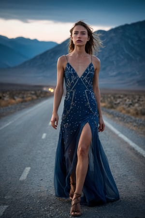 night, road, wasteland, accent on amazing face, distant lights near the mountains, mountains far away, rare dry plants, bright stars in the sky, stones, dust, strong beautiful woman walk on road. Blue amazing dress. Photo from below from the road up, amazing depth of field, stunning extensive details, natural ambient lighting, add details xl,attractiveness, cinematic photography, stunning facial texture detail, hard focus, amazing depth of field, stunning extensive details, natural ambient lighting, add detail