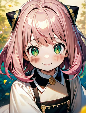 (masterpiece:1.2),best quality,official art,(beautiful and aesthetic:1.2),1girl,solo,official art,(oil painting style:1.2),Anya from Spy x Family,pink_hair,short_hair, well-trimmed,(symmetrical hair born_tufts on the head:0.9), round face ,green eyes, wearing a noble uniform, tears of joy,smile, with a slightly sorrowful expression, cute, (petals falling around her:1.2), light yellow background, half-body shot,(depth of field:0.9),portrait,aesthetic