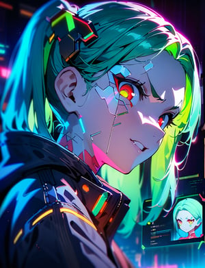 (masterpiece:1.5),best quality,official art,(beautiful and aesthetic:1.2),1girl, solo, Rebecca \(cyberpunk\), cyberpunk \(series\), symmetrical hair, twin tails, (green hair:1.2), (red eyes with green pupils:1.2), wear black coat, portrait, looking at viewer,left side, cyberpunk,angry_face, hlpr, futuristic, hologram, glitch, holographic face, ui, interface, nodes, particles, depth of field, bokeh, very aesthetic