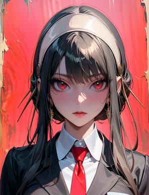 (masterpiece:1.3),best quality,official art,(beautiful and aesthetic:1.3),1girl,solo,official art,(oil painting style:1.2),Yor Forger from , black long hair,straight bangs, (symmetrical bangs:1.2), beige hairband, curled hair ends, red eyes, black suit, red tie, gold earrings,killing intent, half-body shot, turn around,depth of field, light red background,portrait,aesthetic