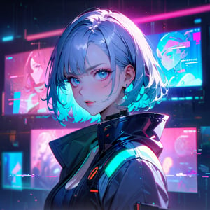 (masterpiece:1.5),best quality,official art,(beautiful and aesthetic:1.2),1man,2girl,(Cyberpunk: Edgerunners,David/middle, Lucy/left side, Rebecca /right side), half-body shot, portrait, looking at viewer,cyberpunk, hlpr, futuristic, hologram, glitch, holographic face, ui, interface, nodes, particles, depth of field, bokeh, very aesthetic
