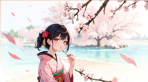 masterpiece,detail,blank background,high quality,8k,an Asian girl with black hair,wearing a red kimono,gorgeous,with cherry blossom petals in the air