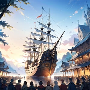 On a late 15th to early 16th-century style sailing ship, an impressive open-air music performance is taking place. A small audience is enjoying coffee while watching the show. The scene exudes dramatic tension, rendered in a cinematic style with an anime aesthetic.,ULTIMATE LOGO MAKER [XL]