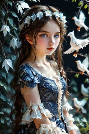  full body, facing the front. 1girl, flower crown, beautiful icy blue eyes, beautiful braided hair.
Origami elements, medieval Europe, aristocratic suits, moonlight gardens, dark shadows, glowing in the dark,  bright colors, high contrast, dark background, vivid lighting, ultra-detailed, magic