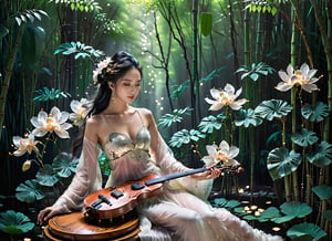 In the hushed ambiance of a moonlit bamboo forest, a melody unfolds. Gossamer moonlight bathes a young guzheng player, her presence imbued with otherworldly grace. Dressed in flowing silks the color of twilight, her every movement echoes the rhythm of the music. Long, raven hair cascades down her back, adorned with a single, luminous white orchid tucked behind her ear. Its ethereal glow seems to emanate from within her, a reflection of the celestial music flowing from her fingertips. As her fingers dance across the qin strings, an otherworldly melody pours forth, weaving through the bamboo groves and painting the night air with silver. Each note shimmers with a delicate luminescence, echoing the soft moonlight and swirling like fireflies in the gentle breeze. The forest itself seems to respond, the rustling leaves and chirping crickets adding their own harmonious chorus to the qin's enchanting song. In this serene tableau, the qin player and the forest become one, their music a testament to the beauty and magic that exists in the quiet corners of the world.
(guzheng. The award-winning craftsmen's expertise is evident in every intricate detail, from the ultra-high definition grain patterns on its body to the delicate ivory tuning pegs. The composition is flawless, with the instrument's curves and lines creating a sense of harmony between nature and craftsmanship.)
(Beautiful face, delicate features are mesmerizing, young girl, Ethereal & Soulful.)
Creating a dreamlike atmosphere. Soft lighting, Ethereal glow. Additional details.