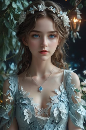 full body, facing the front. 1girl, flower crown, beautiful icy blue eyes, beautiful braided hair.
Origami elements, medieval Europe, aristocratic suits, moonlight gardens, dark shadows, glowing in the dark,  bright colors, high contrast, dark background, vivid lighting, ultra-detailed, magic