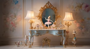 On an exquisite dressing table sits a finely detailed ceramic ballerina doll with a lifelike expression, curious and innocent, looking around. At her feet lies a shattered gemstone music box. She extends one foot as if trying to step down, surrounded by broken gears, musical components, and glittering gemstone fragments. 
(ballerina doll)(music box)

The scene is rendered in a vibrant, cute oil painting style with soft lighting. The background is a Baroque-style room with intricate details, exuding a mysterious atmosphere. The image is lively, dramatic, and 3D.,post-Impressionist,watercolor \(medium\),crafted ceramic,CuteStyle