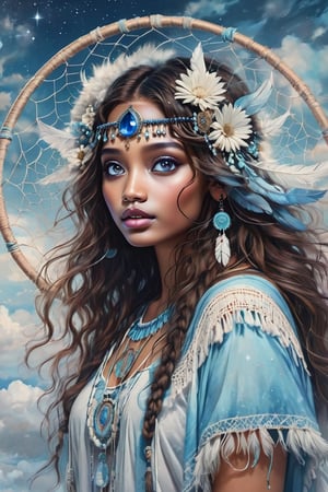 A dreamlike portrait in a contemporary indigenous style centered around a sacred dreamcatcher. The artwork employs a clean, modern aesthetic with a predominant palette of sky blue and pristine white. It encapsulates the ethereal beauty of a young Indigenous woman, her spirit as delicate and enchanting as the morning mist.

Dreamcatcher, rendered in a vibrant neo-pop style, incorporates celestial blues, nightcore elements, and trompe-l'œil illusions, grounded by meticulous pencil work.