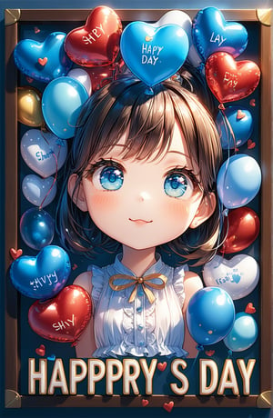 A cute girl peeks out from under the picture. (only the upper face is showing.)
Her big eyes are looking upwards, and there is a huge 3D text floating above her head, which says "Happy Father's Day" in cute fonts.
(Crisp letters, full text, "Happy Father's Day".)
Balloon material with three-dimensional text, realistic and fine material

shy and happy. Lots of love icons popping up around her. heart-shape bubbles. 
(solo)(official art, Intricate details. Use more blue tones, anime style, cute, and romance. Additional details. Chibi. Adorable character with exaggerated proportions)