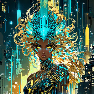 (head to thigh shot by Carne Griffiths, Conrad Roset), full body, facing the front. A woman with a crown and a dress on. Standing in front of a Ruins Sci-Fi City, futuristic style, black and golden thread braided hair, beautiful icy vivid eyes, standing, Complete limbs, face front. fantasy, aristocratic, android humanoid, 3D, soft bioluminescence glow surrounds her. delicate shader, Full HD render, immense detail, dramatic lighting, ultra-detailed realism, full body art, dramatic Light and Shadow, high-quality, digital painting, art station, concept art, smooth, sharp focus, concept art.,CuteStyle