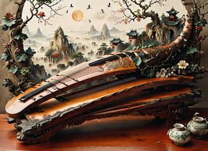 The guqin, a paragon of understated elegance among traditional Chinese instruments, embodies the harmony between nature and craftsmanship. Its elongated silhouette, crafted from the finest woods, exudes sophistication, with each curve and line showcasing the artisan's meticulous skill. The smooth, polished surface bears the patina of generations of loving care, whispering tales of its rich heritage. The natural grain of the wood, a symphony of light and shadow, dances across the instrument's body, each whorl and stripe celebrating nature's artistry.

Seven silken strings, meticulously selected and tuned, stretch across the guqin's length, promising melodies as vast as the Chinese sky. These strings, adorned with delicate ivory or jade tuning pegs, await the touch of a master player to unleash a symphony resonating with the essence of Chinese culture. A simple yet elegant bridge, intricately carved from bone or horn, graces the guqin's center, ensuring each note resonates with clarity and precision. The guqin's tailpiece, a graceful extension of its body, features intricately carved designs often symbolizing luck and prosperity, adding refinement to its overall aesthetic.

masterpiece, professional, award-winning, art station, intricate details, ultra-high detail, 16k, dramatic light, volumetric light, cybernetic illuminations, Epic, style, concept.