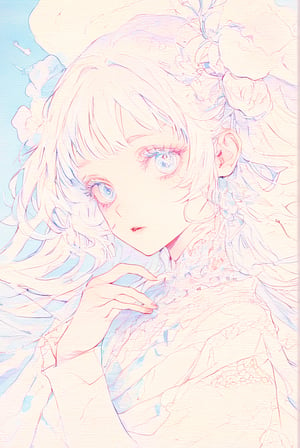 A poetic portrait in a beautiful and pure style, themed around a dreamcatcher. The illustration uses a clear, modern art style with extensive use of sky blue and pure white colors. It features an ethereal, unparalleled beauty of a young girl, capturing her delicate and otherworldly essence.

Dream Catcher, in the style of crisp neo-pop illustrations, sky-blue, nightcore, trompe-l'œil illusionistic detail, detailed penciling.