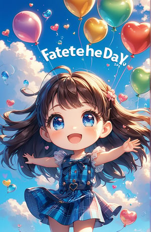 The girl's little brain pokes out from the bottom of the picture, only the upper part of her face is showing, the cute girl's big eyes are looking upwards, and there is a huge 3D text floating above her head, like a balloon text, which says "Happy Father's Day" in cute fonts.
(Crisp letters, full text, "Happy Father's Day".)

Cute petite girl wearing a chocolate-themed outfit with a blue-colored plaid shirt. shy and happy. Lots of love icons popping up around her. heart-shape bubbles. (solo girl)
(official art, Intricate details. Use more blue tones, anime style, cute, and romance. Additional details.  chibi.)

background: A wide-angle shot of the disco ballroom's gleaming floor and ceiling.