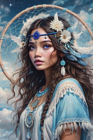 A dreamlike portrait in a contemporary indigenous style centered around a sacred dreamcatcher. The artwork employs a clean, modern aesthetic with a predominant palette of sky blue and pristine white. It encapsulates the ethereal beauty of a young Indigenous woman, her spirit as delicate and enchanting as the morning mist.

Dreamcatcher, rendered in a vibrant neo-pop style, incorporates celestial blues, nightcore elements, and trompe-l'œil illusions, grounded by meticulous pencil work.