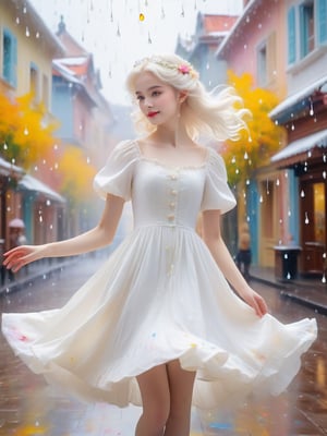 A whimsical scene: A snow-white street, minimalist background, and a symphony of colorful oil paint raindrops gently falling from the sky. Amidst this visual poetry, a lovely girl in an all-white dress twirls, her elegant dance punctuated by splashes of vibrant paint on her pure white attire. Her porcelain skin glows under a closed-eyed smile, light-colored hair framing her delicate features.

(solo girl.)beautiful girl in a fusion of Lolita and Victorian styles, with all-white clothing and all-white accessories. White skin, like a white porcelain doll.