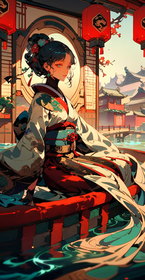 (Chinese architectural scenes, ancient style, streets, immortal worldviews.) 
A stunning portrait of 'Westen Beautiful Lady' serenely plays a Chinese instrument amidst a serene backdrop of gently flowing stream water. Most of the buildings and objects in the scene are made of jade, and the texture of the jade is photographed vividly. A soft, bright light illuminates the scene, and a shallow depth-of-field effect blurs the surroundings. The composition in the center draws attention to the delicate features of the beauty. Reminiscent of the Japanese illustration style. 1girl. solo girl.