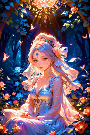 In a lush flower garden with vibrant colors and pleasant light, a beautiful young witch sits delicately amidst blooming blue petals. Her silver-white hair is tied with a ribbon, accentuating her enchanting features. Her soft, detailed purple eyes sparkle brightly, with long lashes adding to her allure. Her lips are painted red, drawing the viewer's attention. The softly blurred background complements the gentle pose of the witch, creating a harmonious and captivating scene.