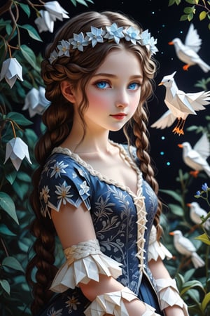  full body, facing the front. 1girl, flower crown, beautiful icy blue eyes, beautiful braided hair.
Origami elements, medieval Europe, aristocratic suits, moonlight gardens, dark shadows, glowing in the dark,  bright colors, high contrast, dark background, vivid lighting, ultra-detailed, magic