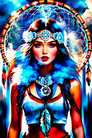 A dreamlike portrait in a contemporary indigenous style centered around a sacred dreamcatcher. The artwork employs a clean, modern aesthetic with a predominant palette of sky blue and pristine white. It encapsulates the ethereal beauty of a young Indigenous woman, her spirit as delicate and enchanting as the morning mist.

Dreamcatcher, rendered in a vibrant neo-pop style, incorporates celestial blues, nightcore elements, and trompe-l'œil illusions, grounded by meticulous pencil work.