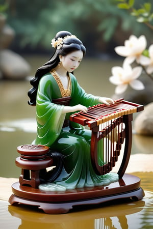 (A jade-crafted artwork) depicting a beautiful ancient lady playing the guzheng. The style is highly realistic, resembling true photography. The background of the piece features gently flowing stream water with a simple backdrop, highlighting the intricate details of the craftsmanship.
(photography, clean, simple, golden background.)
using natural and real photography, focus on, center composition, depth of field effect, 8k --ar 9:16 --s 750 --v 5.2 --style raw. crafted jade. 