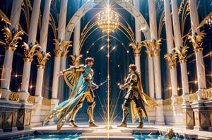 (Exquisite face, full body.)(a fateful duel between two knights.)(Royal Arena)(Battle Scene: 1.5) A majestic royal arena bathes in sunlight as two dashing knights face off in a fateful duel. light particles dance across the scene, casting an ethereal glow on the finely detailed armor and regal attire. Exquisite and splendid stone arena, white arena, carved beams, beautiful buildings, royal banners.
( Fierce battles, clashing weapons)