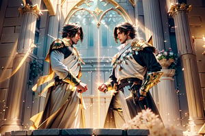 (handsome male)(a fateful duel between Two knights.)(royal arena)(Battle Scene) A majestic royal arena bathes in warm, golden light as two dashing knights face off in a fateful duel. light particles dance across the scene, casting an ethereal glow on the finely detailed armor and regal attire. Voluminous clouds of misty fog swirl at their feet, adding depth to the composition. Nature's soft top lighting illuminates the knights' chiseled features, while their surroundings fade into a blurred background, drawing the viewer's focus to the thrilling duel unfolding before them. Exquisite and splendid stone arena, white arena, carved beams, beautiful buildings, royal banners.