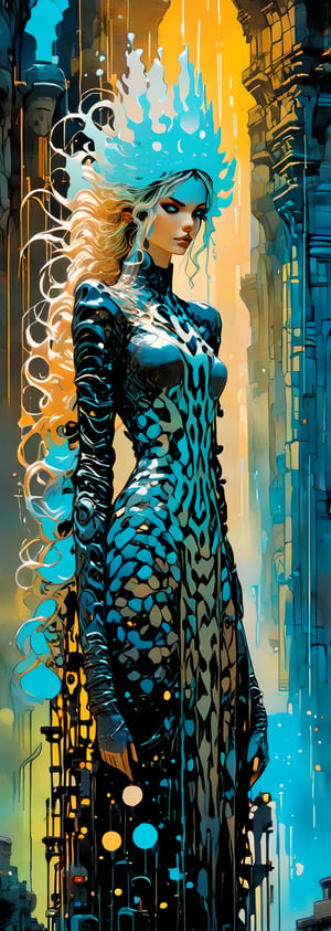 (head to thigh shot by Carne Griffiths, Conrad Roset), full body, facing the front. A woman with a crown and a dress on. Standing in front of a Ruins Sci-Fi City, futuristic style, black and golden thread braided hair, beautiful icy vivid eyes, standing, Complete limbs, face front. fantasy, aristocratic, android humanoid, 3D, soft bioluminescence glow surrounds her. delicate shader, Full HD render, immense detail, dramatic lighting, ultra-detailed realism, full body art, dramatic Light and Shadow, high-quality, digital painting, art station, concept art, smooth, sharp focus, concept art.