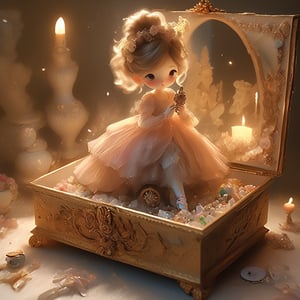 (solo) On an exquisite dressing table sits a finely detailed ceramic ballerina doll with a lifelike expression, curious and innocent, looking around. At her feet lies a shattered gemstone music box. She extends one foot as if trying to step down, surrounded by broken gears, musical components, and glittering gemstone fragments. The scene is rendered in a vibrant, cute oil painting style with soft lighting. The background is a Baroque-style room with intricate details, exuding a mysterious atmosphere. The image is lively, dramatic, and 3D.,Apoloniasxmasbox