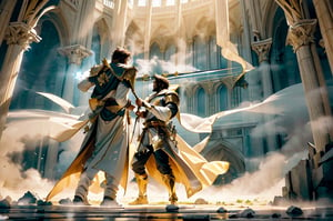 (handsome young man)(Exquisite face, full body.)(a fateful duel between two knights.)(royal arena)(Battle Scene) A majestic royal arena bathes in sunlight as two dashing knights face off in a fateful duel. light particles dance across the scene, casting an ethereal glow on the finely detailed armor and regal attire. Exquisite and splendid stone arena, white arena, carved beams, beautiful buildings, royal banners.
Voluminous clouds of misty fog swirl at their feet, adding depth to the composition. Nature's soft top lighting illuminates the knights' chiseled features, drawing the viewer's focus to the thrilling duel unfolding before them.