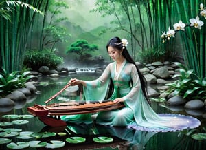 (A jade-crafted artwork depicting a beautiful ancient fairy playing the guzheng. The style is highly realistic, resembling true photography.) The background of the piece features gently flowing stream water with a simple backdrop, highlighting the intricate details of the craftsmanship.

a melody unfolds. Gossamer moonlight bathes a young guzheng player, her presence imbued with otherworldly grace. Dressed in flowing silks the color of twilight, her every movement echoes the rhythm of the music. Long, raven hair cascades down her back, adorned with a single, luminous white orchid tucked behind her ear. Its ethereal glow seems to emanate from within her, a reflection of the celestial music flowing from her fingertips.

As her fingers dance across the guzheng strings, an otherworldly melody pours forth, weaving through the bamboo groves and painting the night air with silver. Each note shimmers with a delicate luminescence, echoing the soft moonlight and swirling like fireflies in the gentle breeze. The forest itself seems to respond, the rustling leaves and chirping crickets adding their own harmonious chorus to the guzheng's enchanting song.

The award-winning craftsmanship is evident in every intricate detail of the guzheng, from the ultra-high definition grain patterns on its body to the delicate ivory tuning pegs. The instrument's curves and lines create a sense of harmony between nature and craftsmanship.