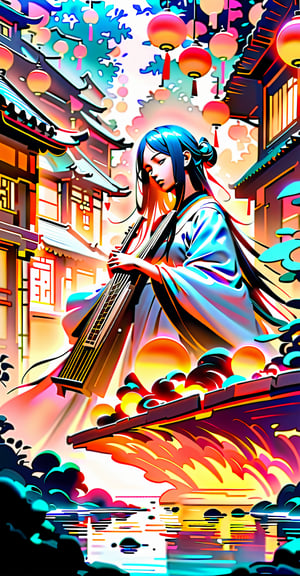 (Chinese architectural scenes, ancient style, streets, immortal worldviews.) 
A stunning portrait of 'Westen Beautiful Lady' serenely plays a Chinese instrument amidst a serene backdrop of gently flowing stream water. Most of the buildings and objects in the scene are made of jade, and the texture of the jade is photographed vividly. A soft, bright light illuminates the scene, and a shallow depth-of-field effect blurs the surroundings. The composition in the center draws attention to the delicate features of the beauty. Reminiscent of the Japanese illustration style. 1girl. solo girl.