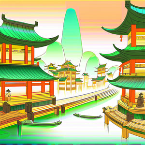 (Chinese architectural scenes, ancient style, streets, immortal worldviews.) 
A stunning portrait of 'Westen Beautiful Lady' serenely plays a Chinese instrument amidst a serene backdrop of gently flowing stream water. Most of the buildings and objects in the scene are made of jade, and the texture of the jade is photographed vividly. A soft, bright light illuminates the scene, and a shallow depth-of-field effect blurs the surroundings. The composition in the center draws attention to the delicate features of the beauty. Reminiscent of the Japanese illustration style. 1girl. solo girl.