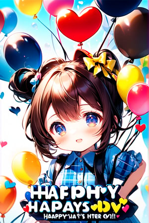 (only the upper part of the face)
The girl's little brain is at the bottom of the picture, only the upper part of her face is showing, the cute girl's big eyes are looking upwards, and there is a huge 3D text floating above her head. 3D balloon text, which says "Happy Father's Day".

 (Crisp letters, full text.)((text of "Happy papa's Day".)) Cute petite girl wearing a chocolate-themed outfit with a blue-colored plaid shirt. shy and happy. Lots of love icons popping up around her. heart-shape bubbles. (solo girl) 
official art, Intricate details. Use more blue tones, anime style, cute, and romance. Additional details. chibi. super-deformed characters with big heads. Imaginative background.