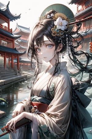 (Chinese architectural scenes, ancient style, streets, immortal worldviews.) A stunning portrait of 'Westen Beautiful Lady' serenely plays a Chinese instrument amidst a serene backdrop of gently flowing stream water. Most of the buildings and objects in the scene are made of jade, and the texture of the jade is photographed vividly. A soft, bright light illuminates the scene, and a shallow depth-of-field effect blurs the surroundings. The composition in the center draws attention to the delicate features of the beauty. Reminiscent of the Japanese illustration style. 1girl. solo girl.