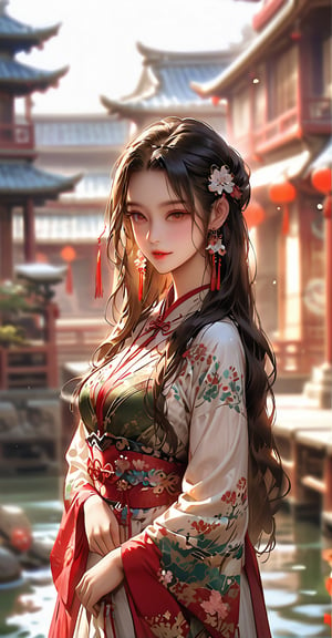 (Chinese architectural scenes, ancient style, streets, immortal worldviews.) 
A stunning portrait of 'Westen Beautiful Lady' serenely plays a Chinese instrument amidst a serene backdrop of gently flowing stream water. Most of the buildings and objects in the scene are made of jade, and the texture of the jade is photographed vividly. A soft, bright light illuminates the scene, and a shallow depth-of-field effect blurs the surroundings. The composition in the center draws attention to the delicate features of the beauty. Reminiscent of the Japanese illustration style. 1girl. solo girl.