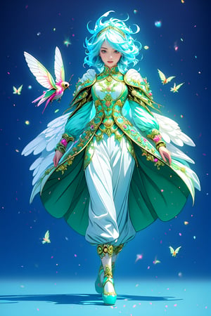 full body, facing the front. A pixel 90s character with humming birds, gears, and clocks for its brain. futuristic style, white and blue hair, Bright, vivid eyes, standing, Complete limbs, face front, Lightly spun magical robes.Sleek and elegant pants 3D high-quality, fantasy, Origami, medieval European, aristocratic, HD LIGHTING, ultra-detailed, Magic, simple background.